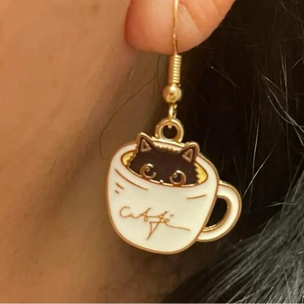 SuperCute Cafe Kitty Cat in a Cup o’ Coffee Gold Enamel Dangle Earrings - Picture 3 of 6